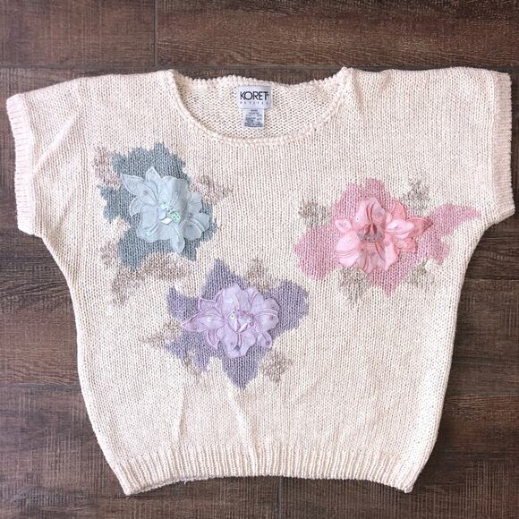 Vintage Koret Knit Sweater with Flower Appliques Small Cottage Grandma Core - Picture 1 of 7